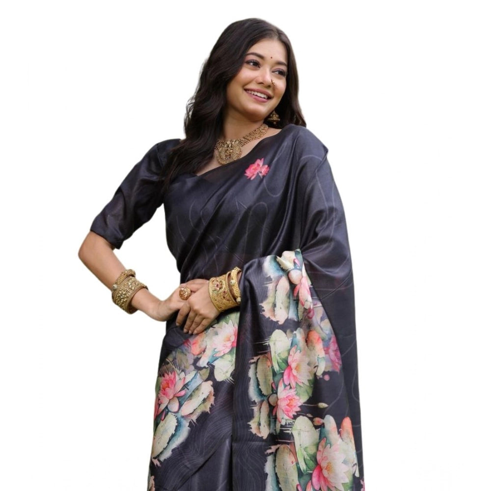 Seduva Women's Faux_Tussar Floral Saree With Unstitched Blouse 5.5Mtr (Black)
