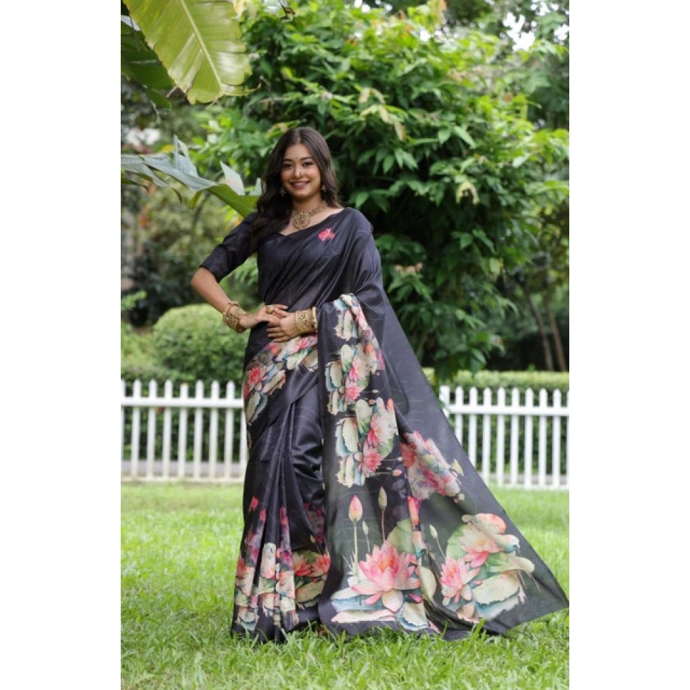 Seduva Women's Faux_Tussar Floral Saree With Unstitched Blouse 5.5Mtr (Black)
