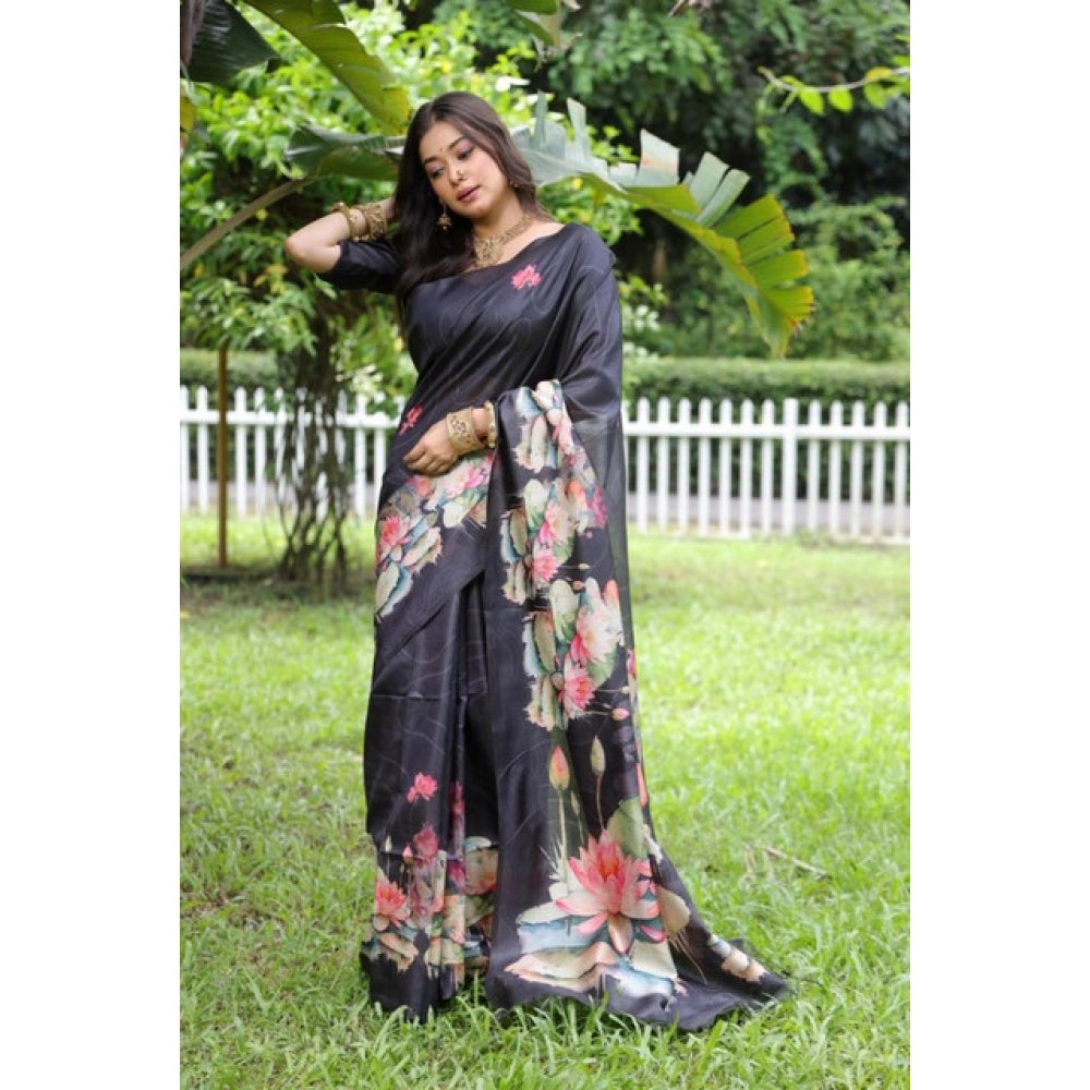 Seduva Women's Faux_Tussar Floral Saree With Unstitched Blouse 5.5Mtr (Black)