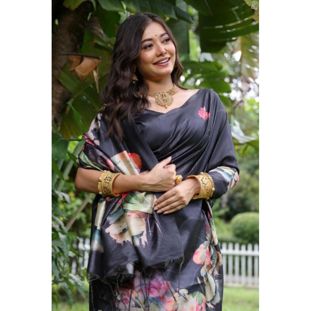 Seduva Women's Faux_Tussar Floral Saree With Unstitched Blouse 5.5Mtr (Black)