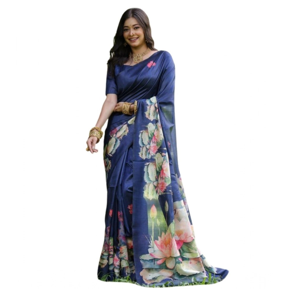 Seduva Women's Faux_Tussar Floral Saree With Unstitched Blouse 5.5Mtr (Navy_Blue)