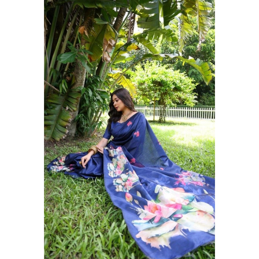 Seduva Women's Faux_Tussar Floral Saree With Unstitched Blouse 5.5Mtr (Navy_Blue)