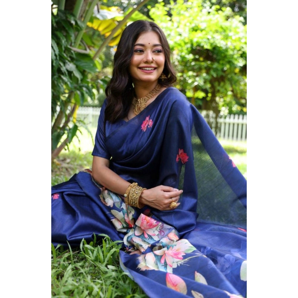 Seduva Women's Faux_Tussar Floral Saree With Unstitched Blouse 5.5Mtr (Navy_Blue)