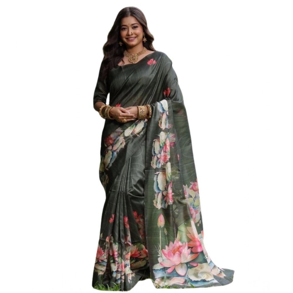 Seduva Women's Faux_Tussar Floral Saree With Unstitched Blouse 5.5Mtr (Olive)