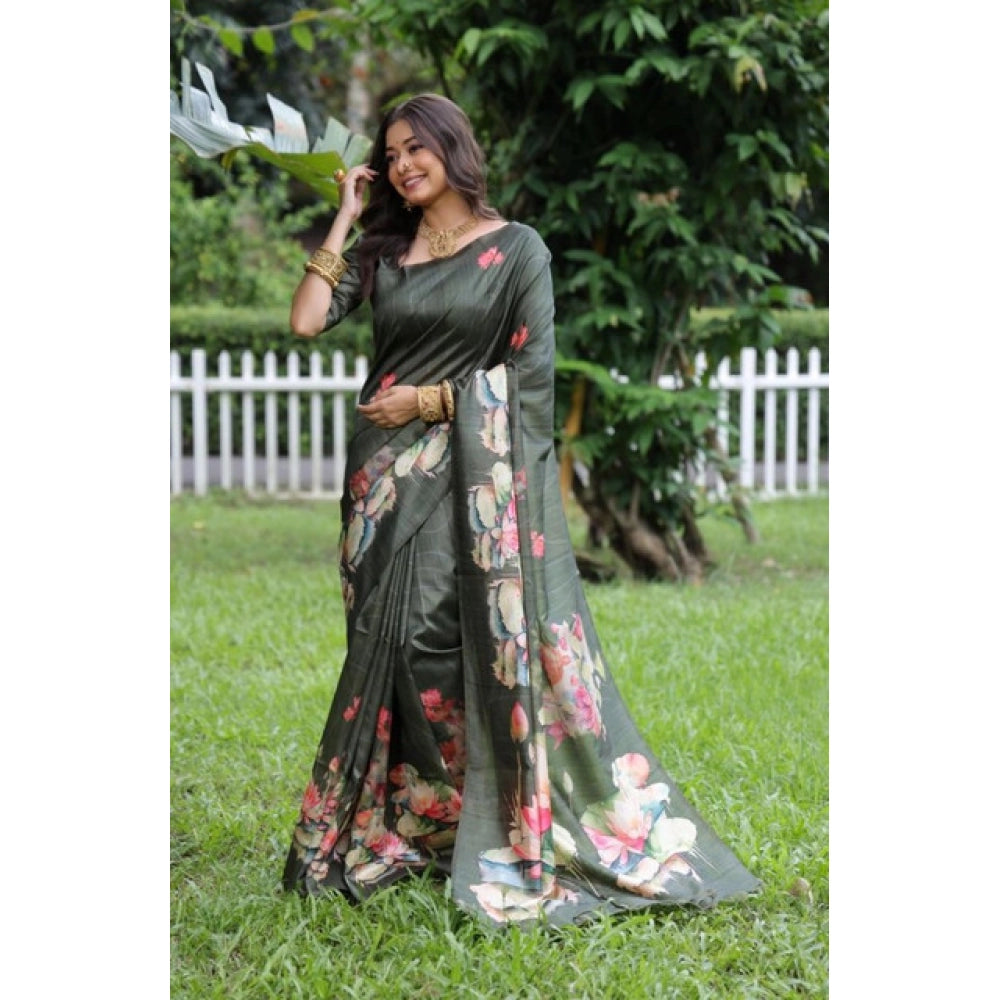 Seduva Women's Faux_Tussar Floral Saree With Unstitched Blouse 5.5Mtr (Olive)