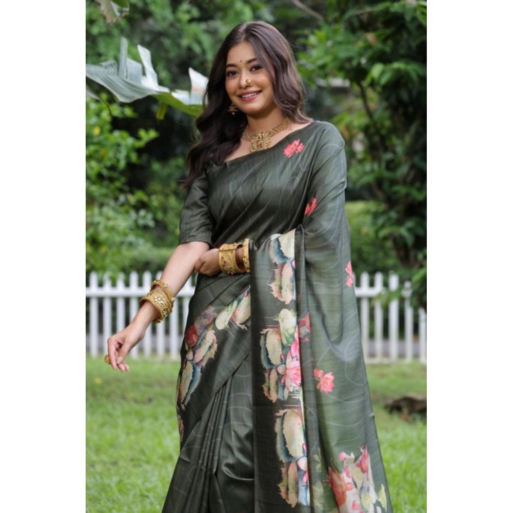 Seduva Women's Faux_Tussar Floral Saree With Unstitched Blouse 5.5Mtr (Olive)