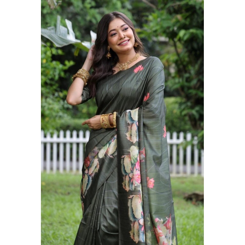 Seduva Women's Faux_Tussar Floral Saree With Unstitched Blouse 5.5Mtr (Olive)