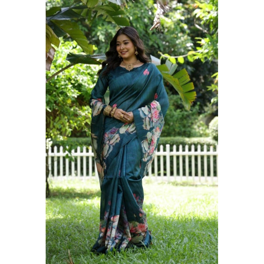 Seduva Women's Faux_Tussar Floral Saree With Unstitched Blouse 5.5Mtr (Teal)