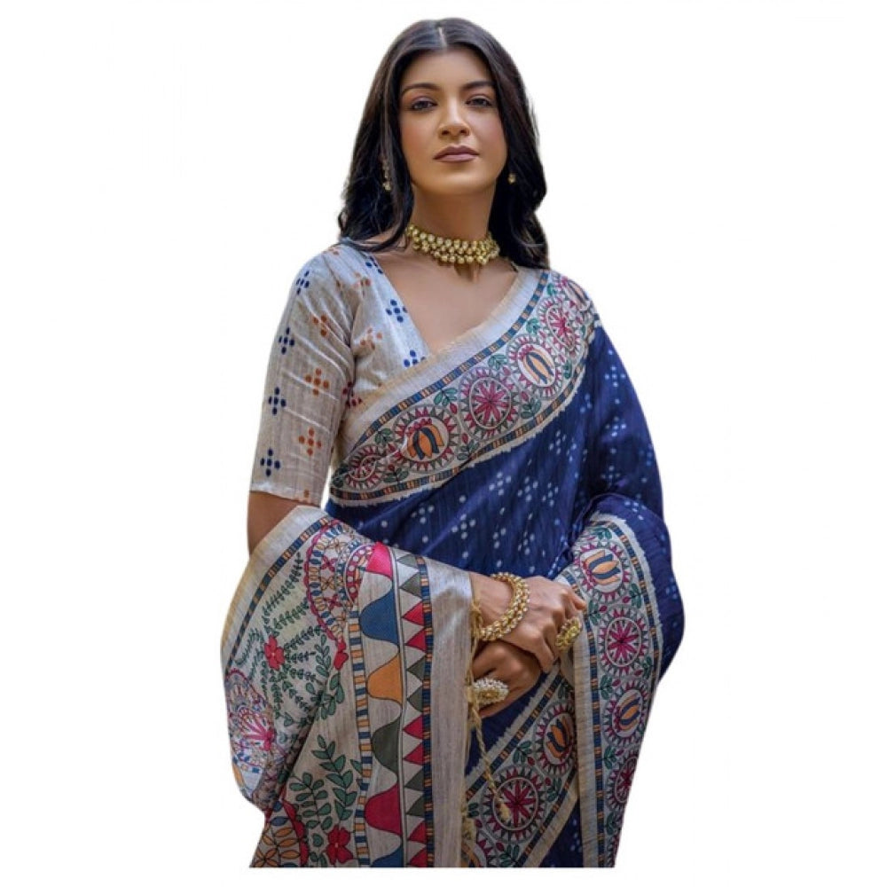 Seduva Women's Faux_Tussar Geometric_Print Saree With Unstitched Blouse 5.5Mtr (Blue)