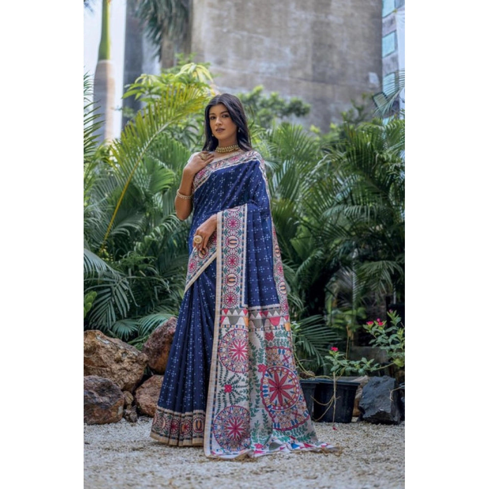 Seduva Women's Faux_Tussar Geometric_Print Saree With Unstitched Blouse 5.5Mtr (Blue)