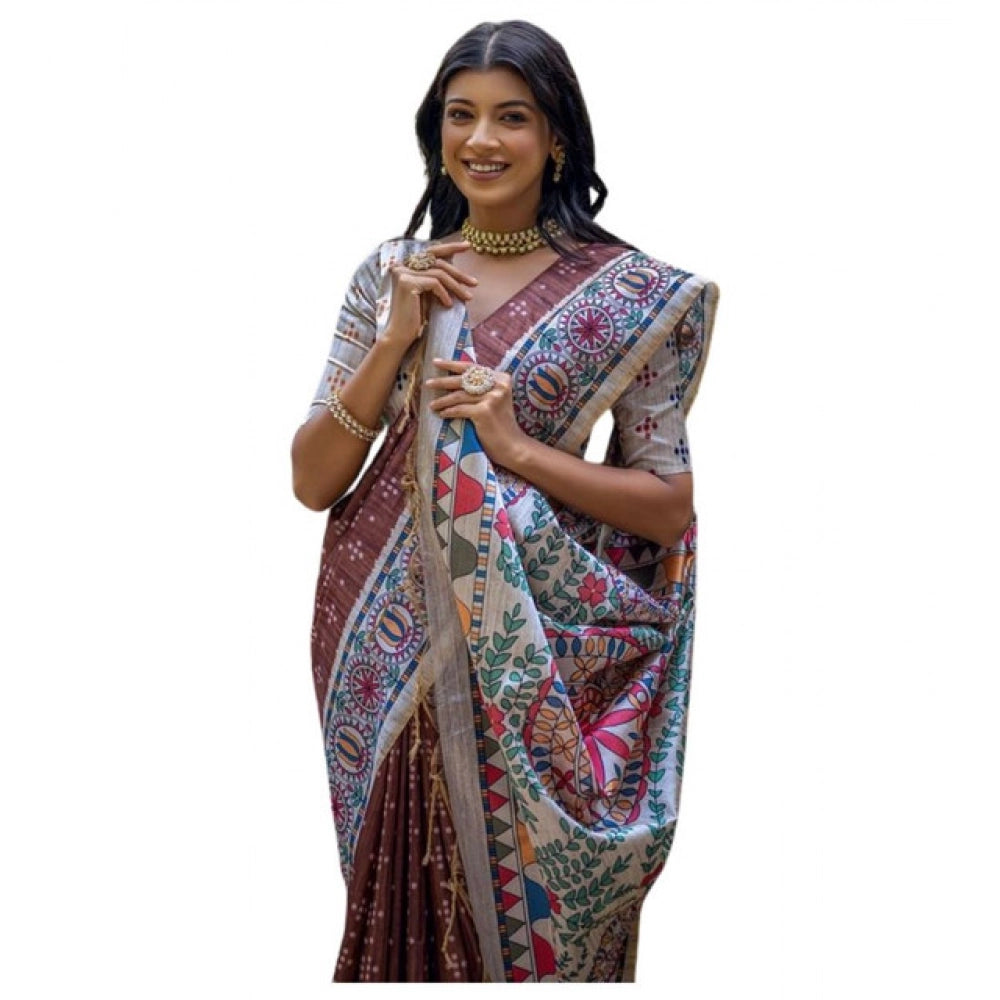 Seduva Women's Faux_Tussar Geometric_Print Saree With Unstitched Blouse 5.5Mtr (Coffee)