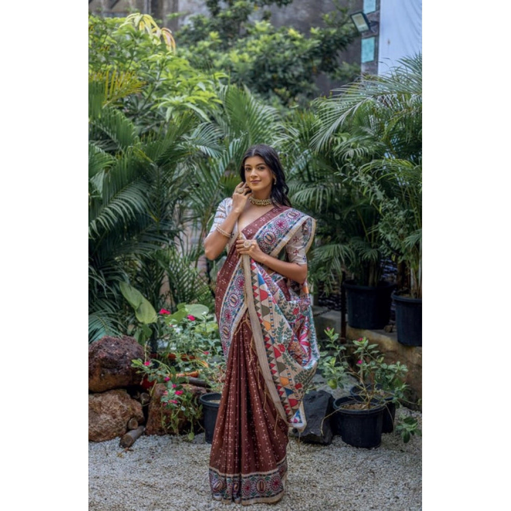 Seduva Women's Faux_Tussar Geometric_Print Saree With Unstitched Blouse 5.5Mtr (Coffee)