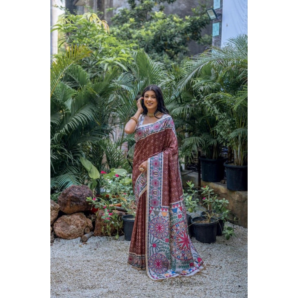Seduva Women's Faux_Tussar Geometric_Print Saree With Unstitched Blouse 5.5Mtr (Coffee)