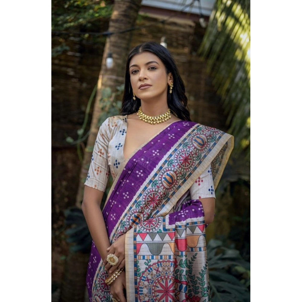 Seduva Women's Faux_Tussar Geometric_Print Saree With Unstitched Blouse 5.5Mtr (Purple)