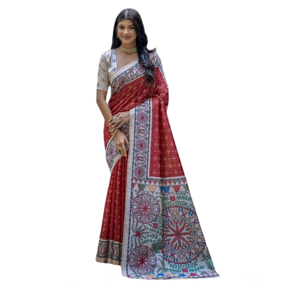 Seduva Women's Faux_Tussar Geometric_Print Saree With Unstitched Blouse 5.5Mtr (Red)
