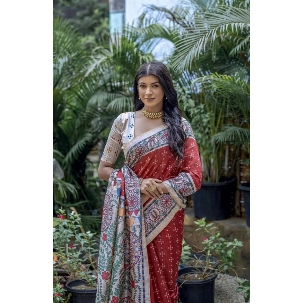Seduva Women's Faux_Tussar Geometric_Print Saree With Unstitched Blouse 5.5Mtr (Red)