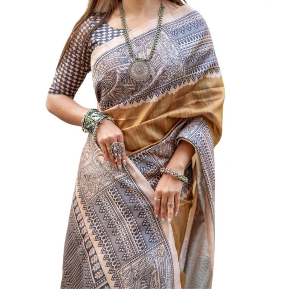 Seduva Women's Faux_Tussar Geometric_Print Saree With Unstitched Blouse 5.5Mtr (Mustard)