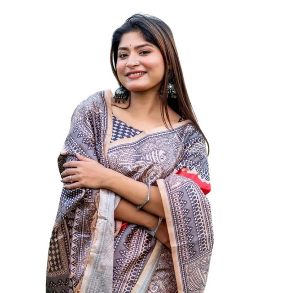 Seduva Women's Faux_Tussar Geometric_Print Saree With Unstitched Blouse 5.5Mtr (Orange)