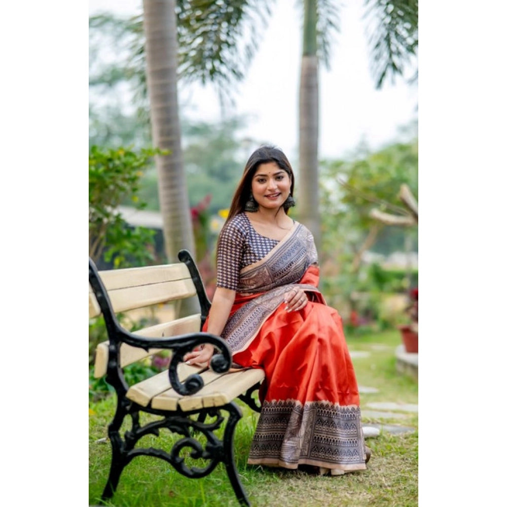 Seduva Women's Faux_Tussar Geometric_Print Saree With Unstitched Blouse 5.5Mtr (Orange)