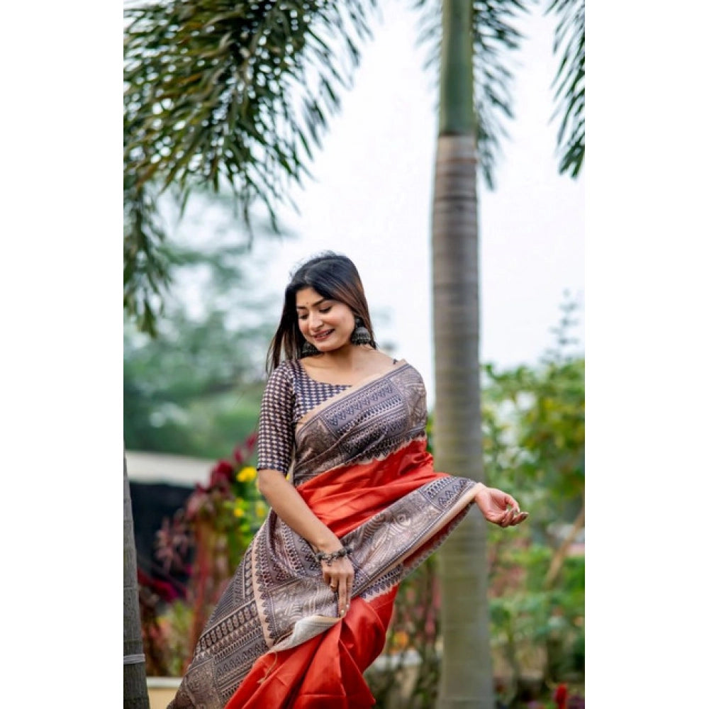 Seduva Women's Faux_Tussar Geometric_Print Saree With Unstitched Blouse 5.5Mtr (Orange)