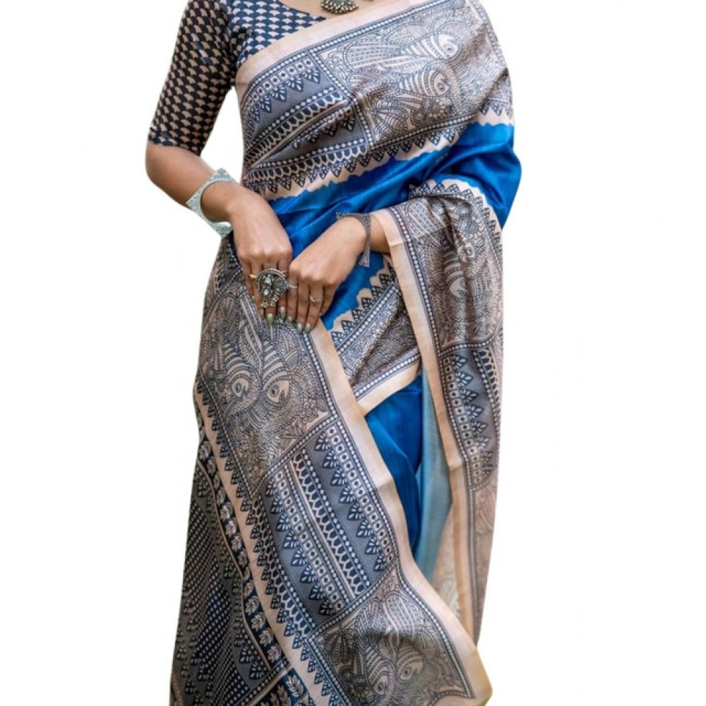 Seduva Women's Faux_Tussar Geometric_Print Saree With Unstitched Blouse 5.5Mtr (Royal_Blue)