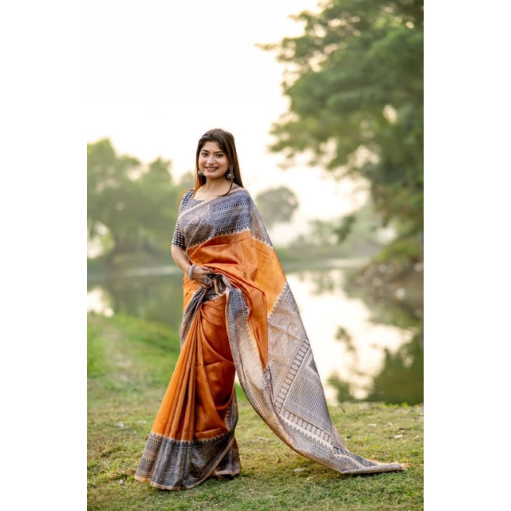 Seduva Women's Faux_Tussar Geometric_Print Saree With Unstitched Blouse 5.5Mtr (Rust)