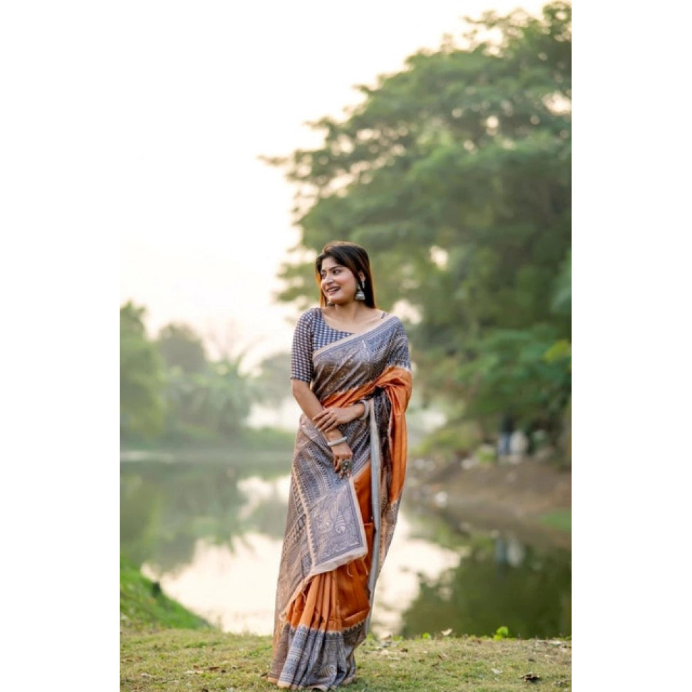 Seduva Women's Faux_Tussar Geometric_Print Saree With Unstitched Blouse 5.5Mtr (Rust)