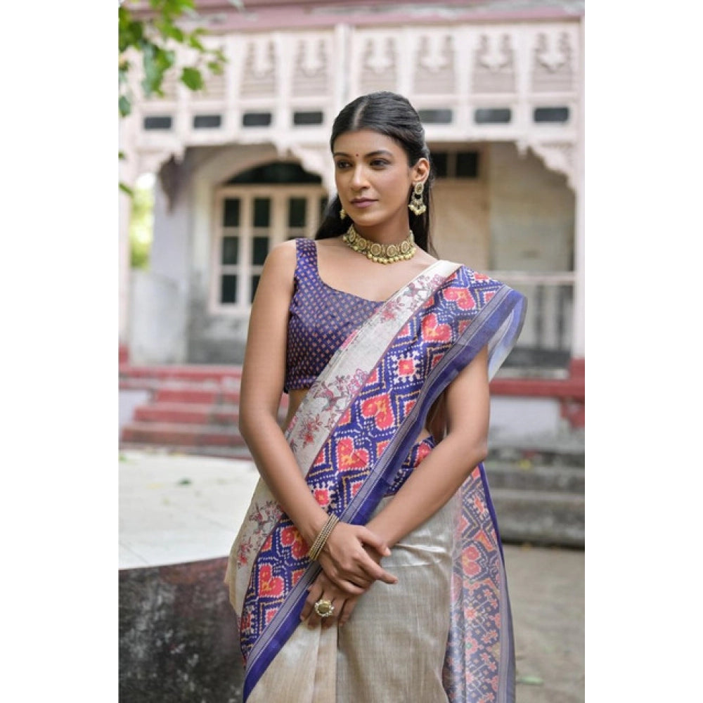 Seduva Women's Faux_Tussar Floral Jal With Patola Print Saree With Unstitched Blouse 5.5Mtr (Blue)