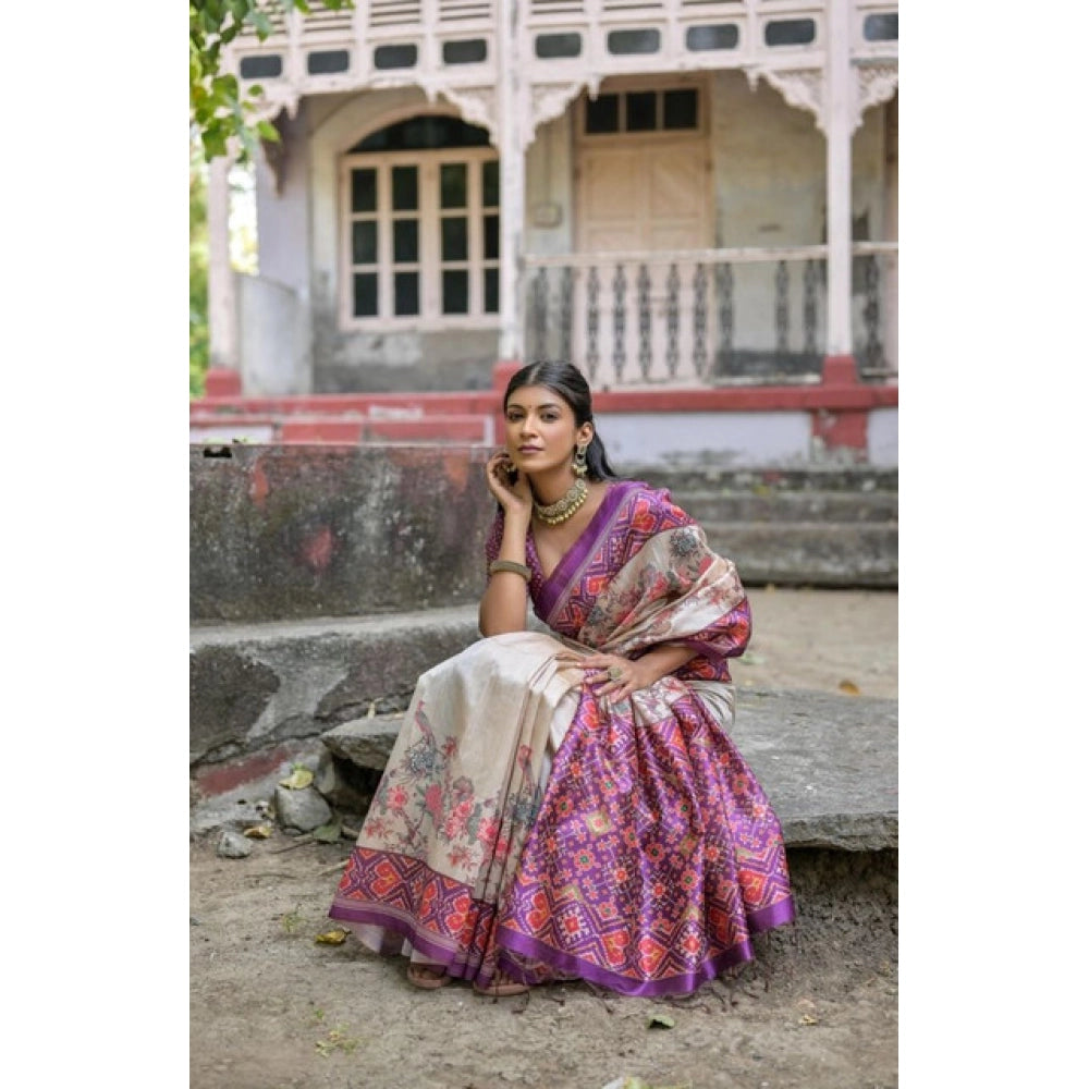 Seduva Women's Faux_Tussar Floral Jal With Patola Print Saree With Unstitched Blouse 5.5Mtr (Lavender)