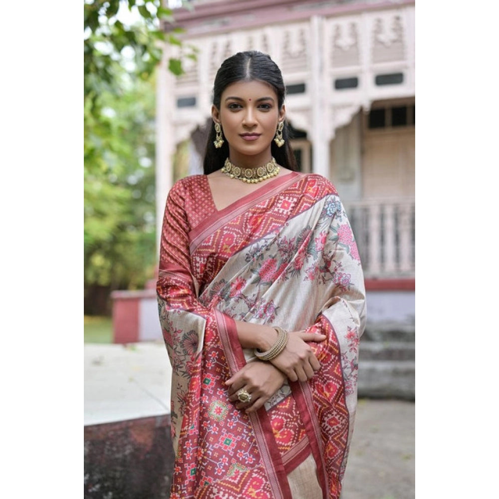 Seduva Women's Faux_Tussar Floral Jal With Patola Print Saree With Unstitched Blouse 5.5Mtr (Maroon)