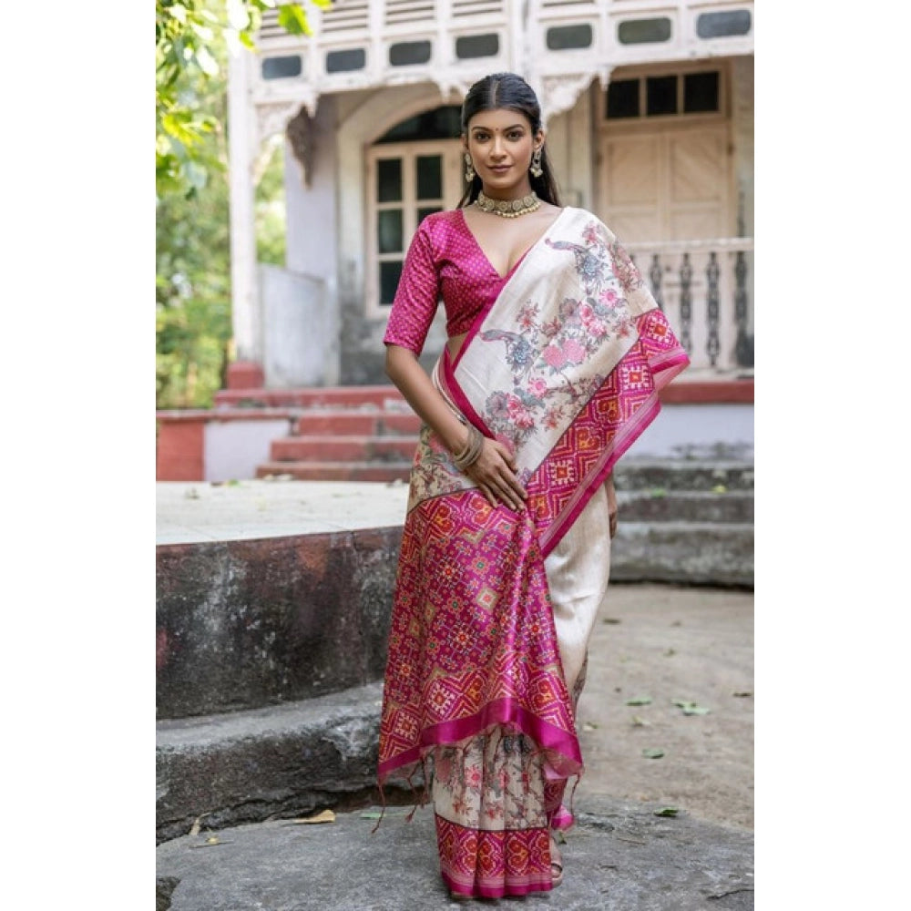 Seduva Women's Faux_Tussar Floral Jal With Patola Print Saree With Unstitched Blouse 5.5Mtr (Pink)