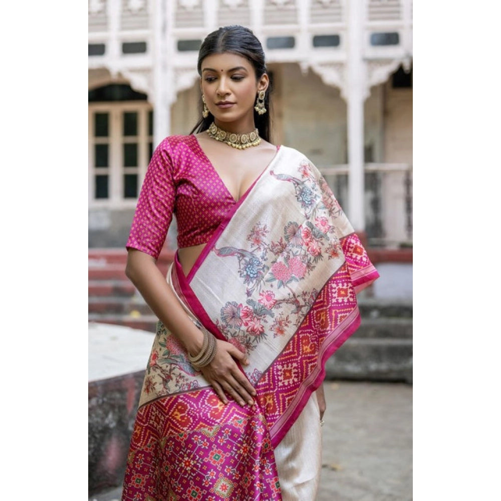 Seduva Women's Faux_Tussar Floral Jal With Patola Print Saree With Unstitched Blouse 5.5Mtr (Pink)