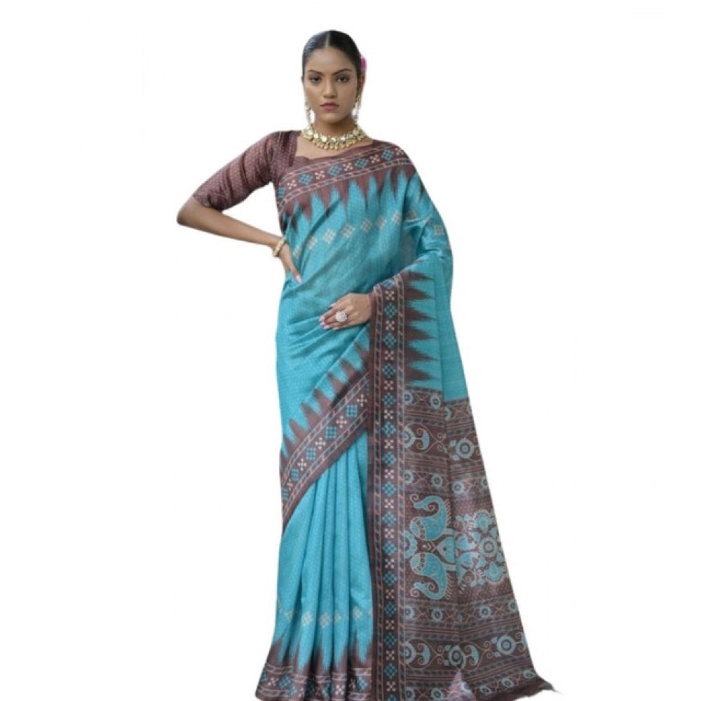 Seduva Women's Faux_Tussar Ikat Saree With Unstitched Blouse 5.5Mtr (Aqua_Blue)