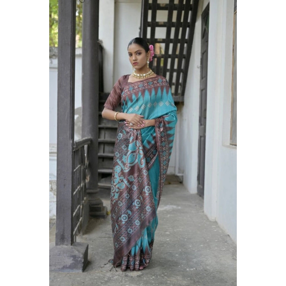Seduva Women's Faux_Tussar Ikat Saree With Unstitched Blouse 5.5Mtr (Aqua_Blue)