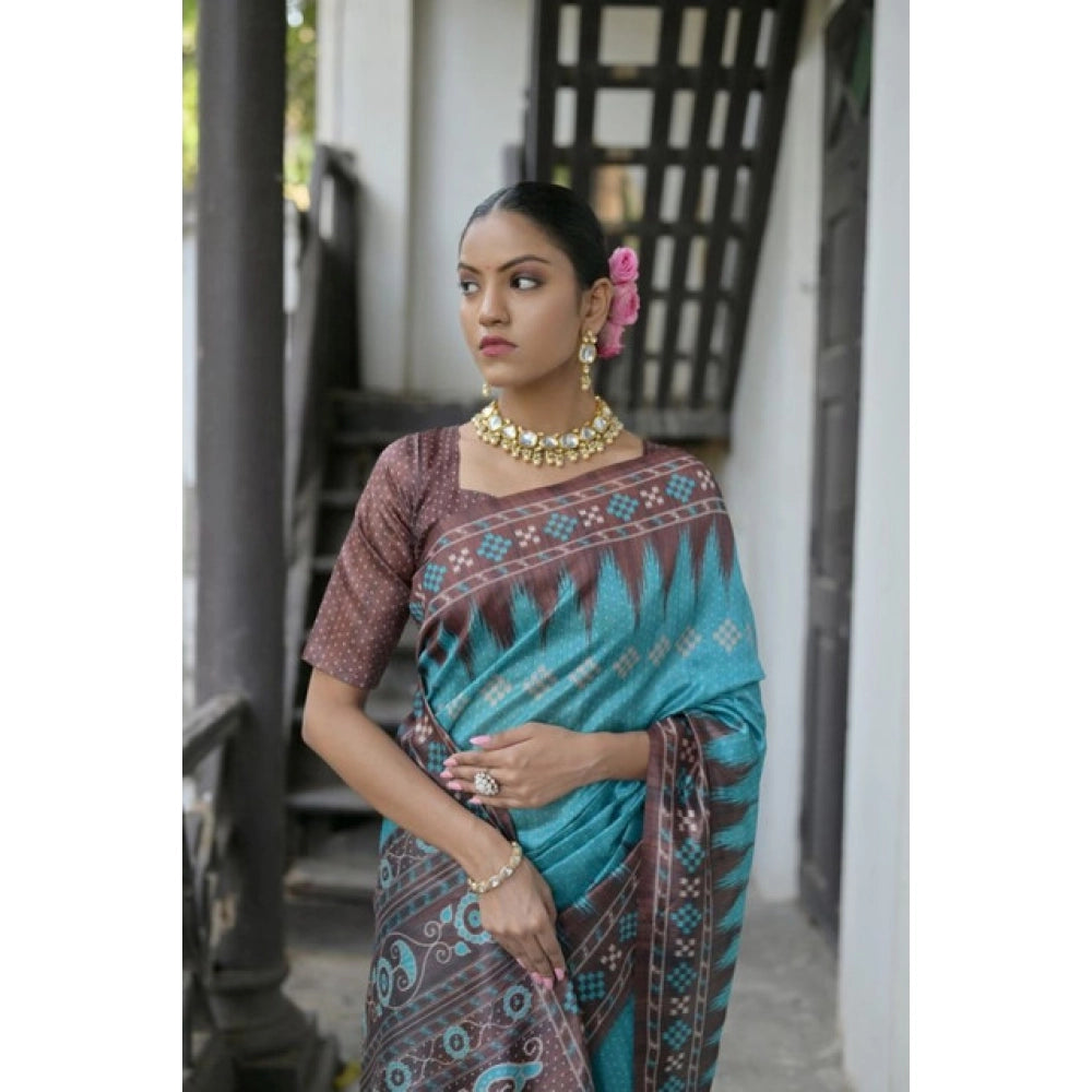 Seduva Women's Faux_Tussar Ikat Saree With Unstitched Blouse 5.5Mtr (Aqua_Blue)