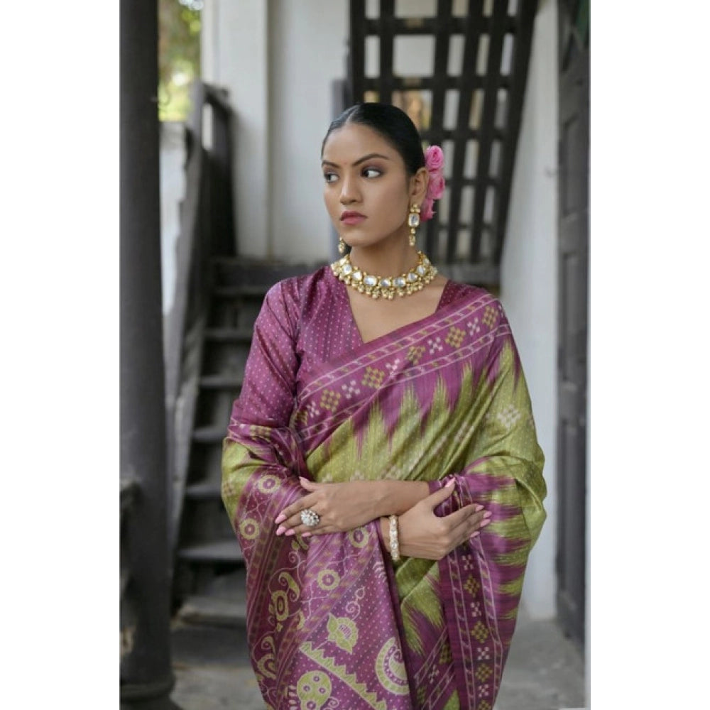 Seduva Women's Faux_Tussar Ikat Saree With Unstitched Blouse 5.5Mtr (Green)