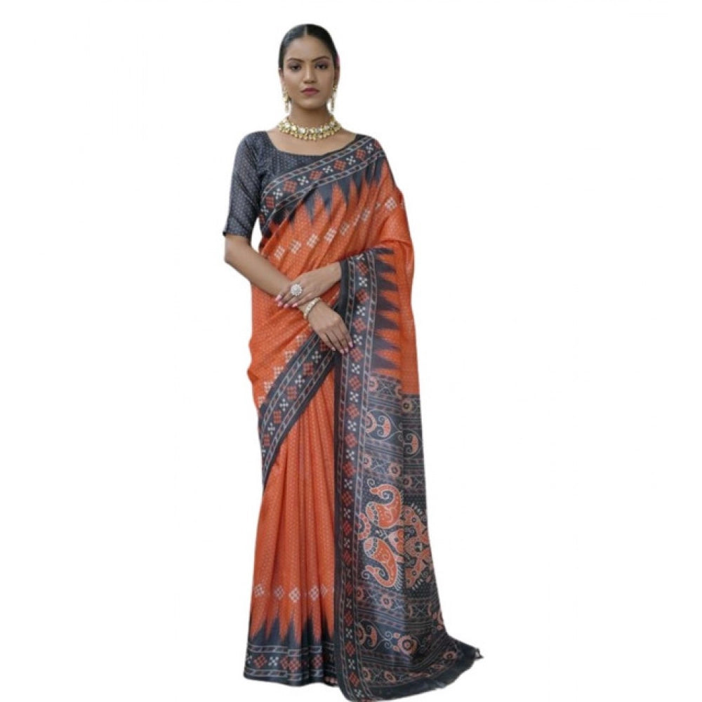 Seduva Women's Faux_Tussar Ikat Saree With Unstitched Blouse 5.5Mtr (Orange)