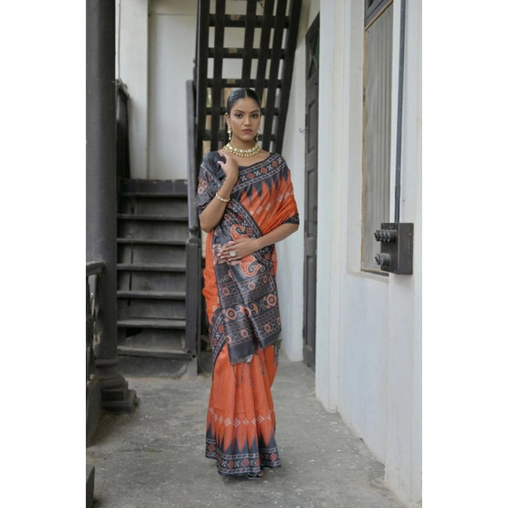 Seduva Women's Faux_Tussar Ikat Saree With Unstitched Blouse 5.5Mtr (Orange)
