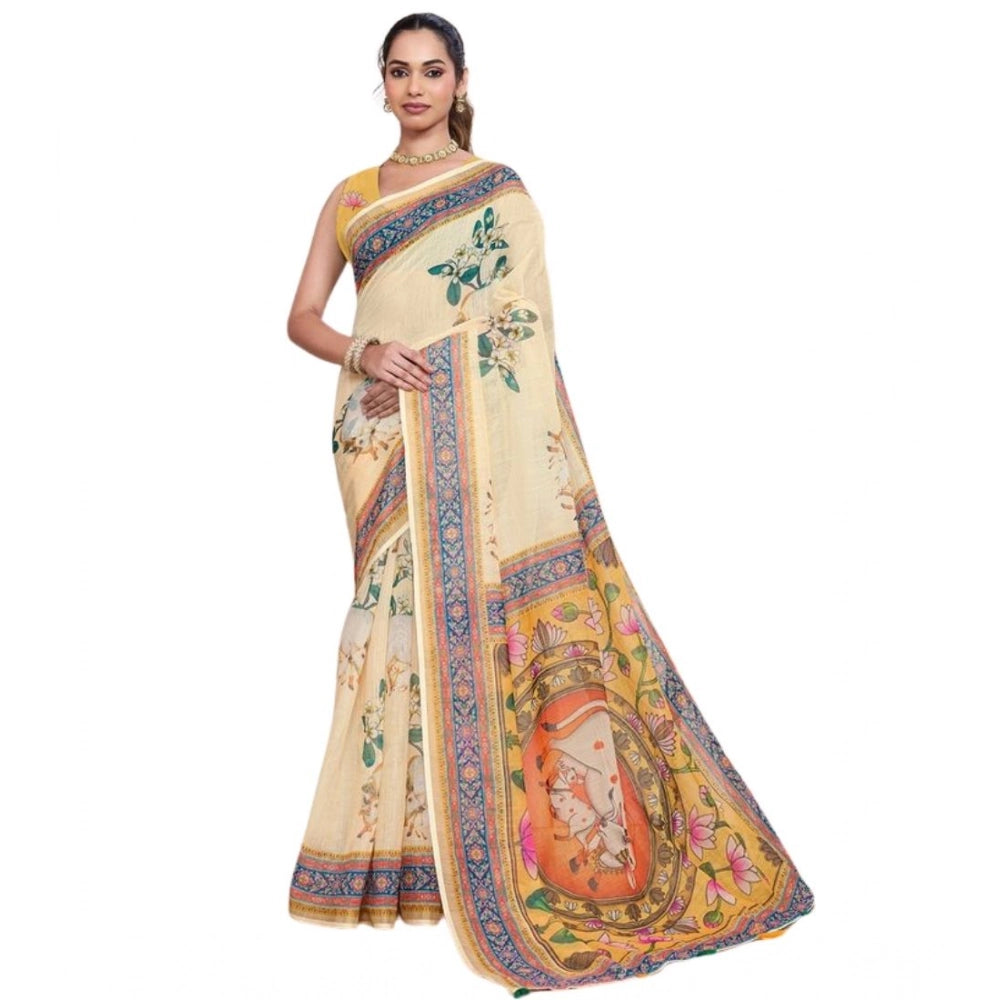 Seduva Women's Linen Floral Printed Saree With Unstitched Blouse 5.5Mtr (Beige)