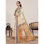 Seduva Women's Linen Floral Printed Saree With Unstitched Blouse 5.5Mtr (Beige)