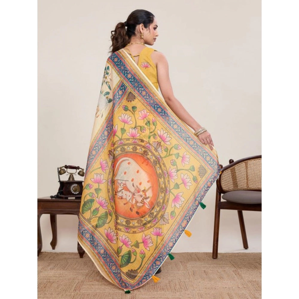 Seduva Women's Linen Floral Printed Saree With Unstitched Blouse 5.5Mtr (Beige)