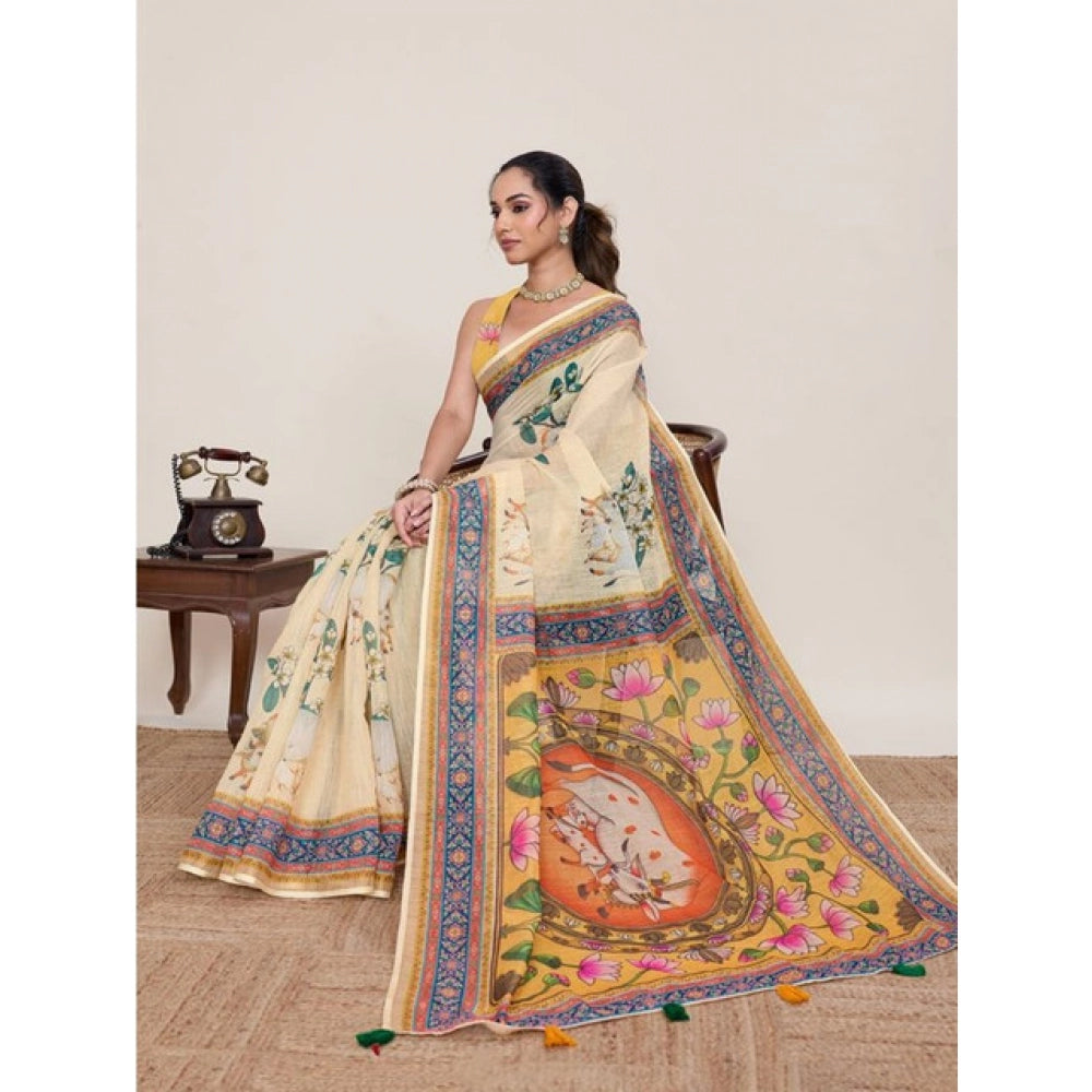Seduva Women's Linen Floral Printed Saree With Unstitched Blouse 5.5Mtr (Beige)