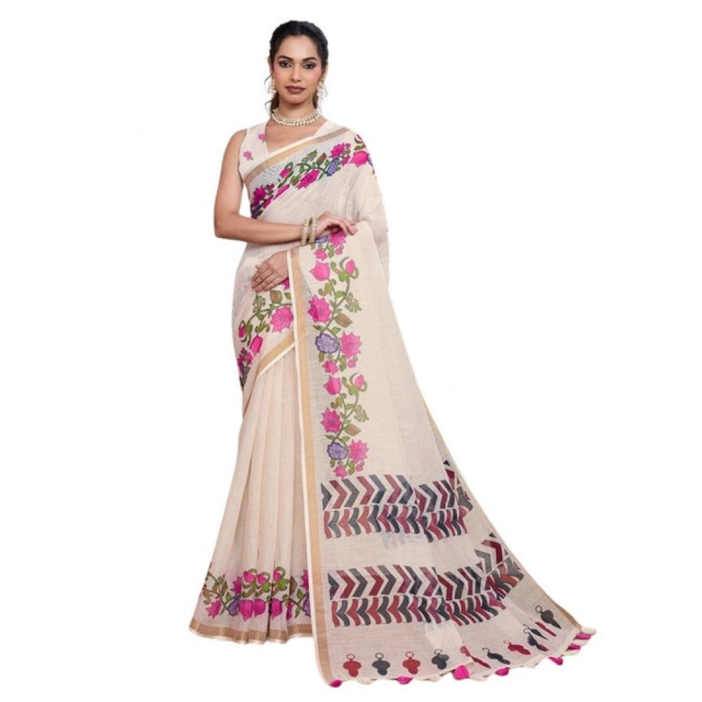 Seduva Women's Linen Floral Printed Saree With Unstitched Blouse 5.5Mtr (Cream)