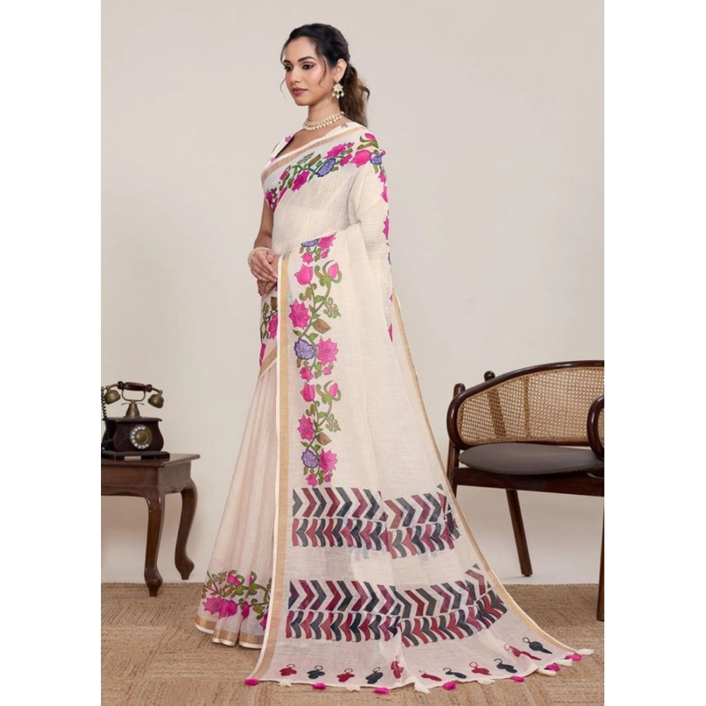Seduva Women's Linen Floral Printed Saree With Unstitched Blouse 5.5Mtr (Cream)