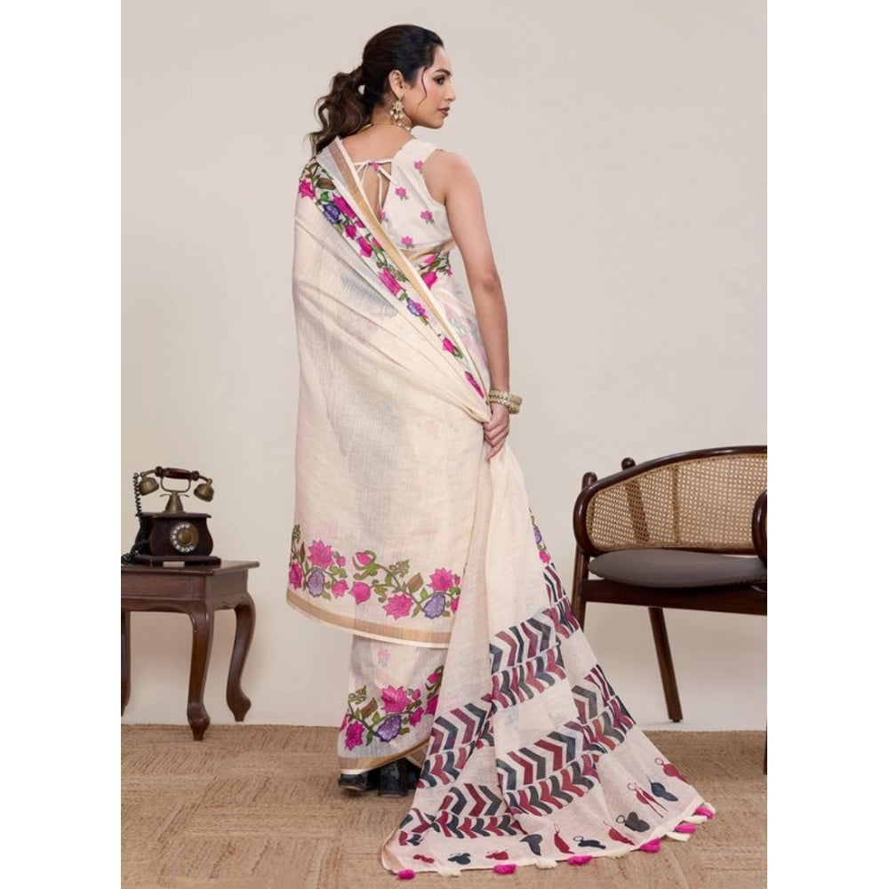 Seduva Women's Linen Floral Printed Saree With Unstitched Blouse 5.5Mtr (Cream)
