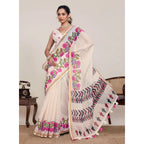 Seduva Women's Linen Floral Printed Saree With Unstitched Blouse 5.5Mtr (Cream)