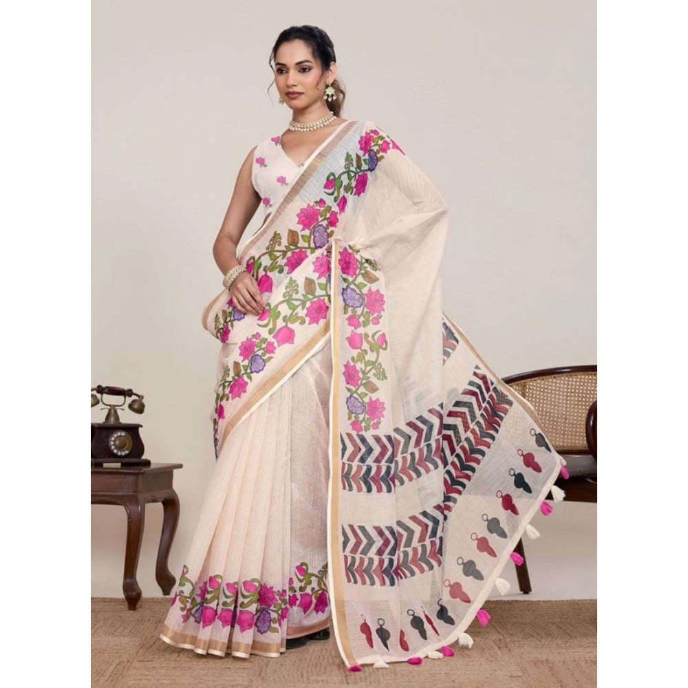 Seduva Women's Linen Floral Printed Saree With Unstitched Blouse 5.5Mtr (Cream)