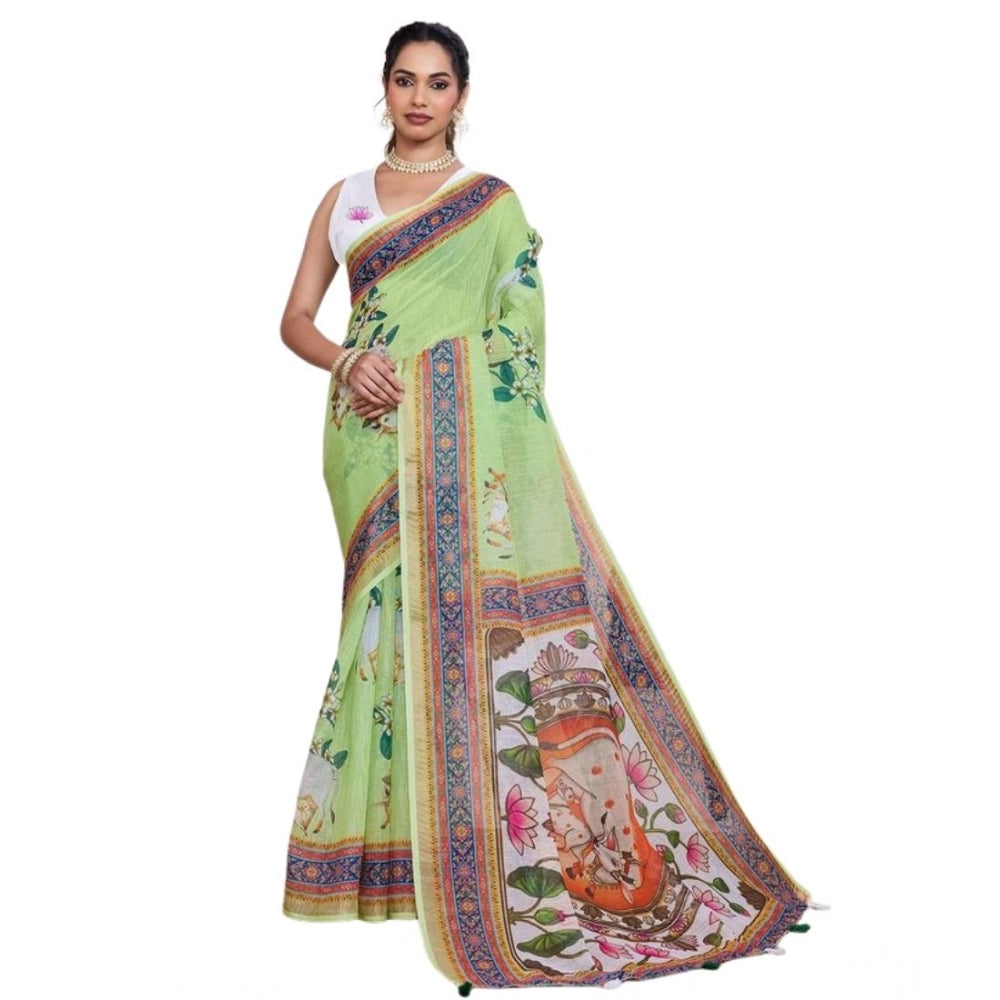 Seduva Women's Linen Floral Printed Saree With Unstitched Blouse 5.5Mtr (Light Green)