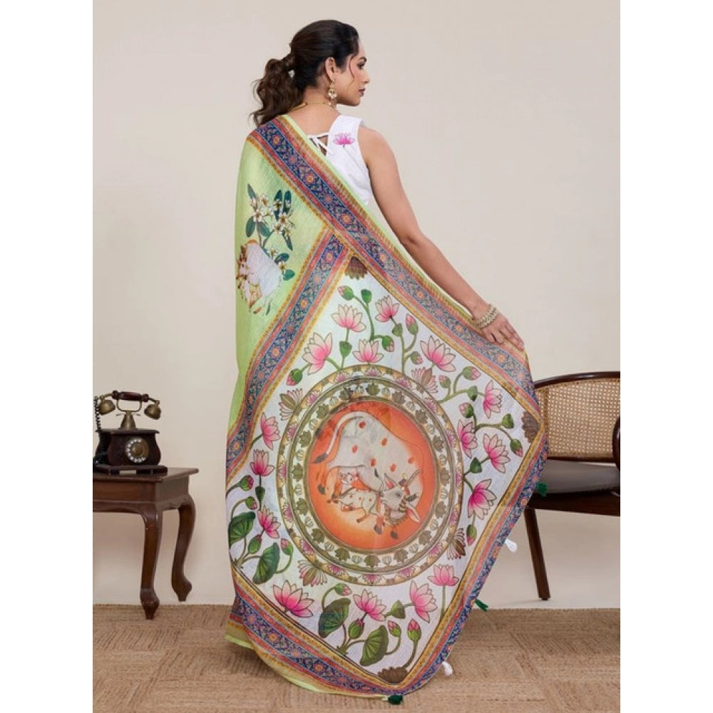 Seduva Women's Linen Floral Printed Saree With Unstitched Blouse 5.5Mtr (Light Green)