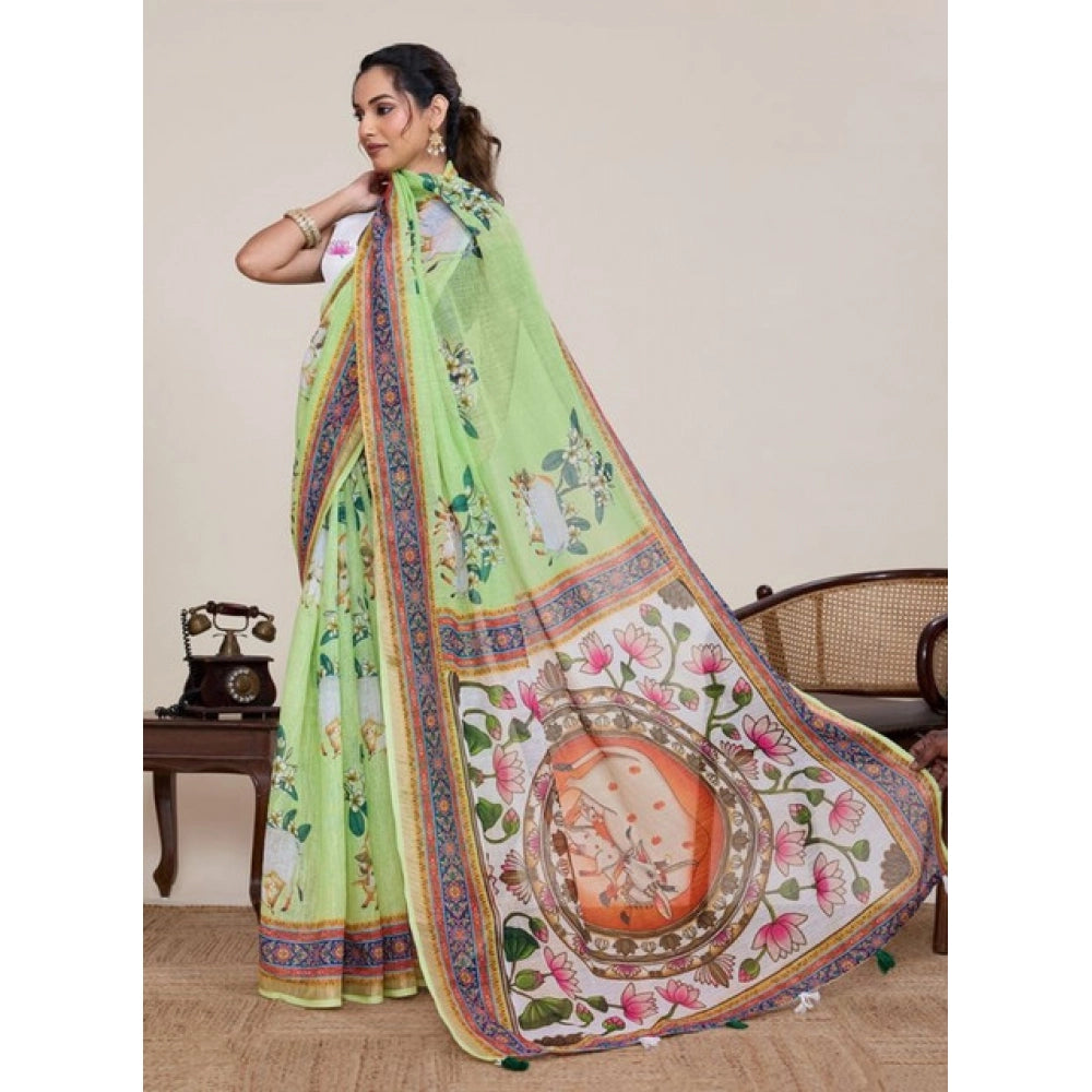 Seduva Women's Linen Floral Printed Saree With Unstitched Blouse 5.5Mtr (Light Green)